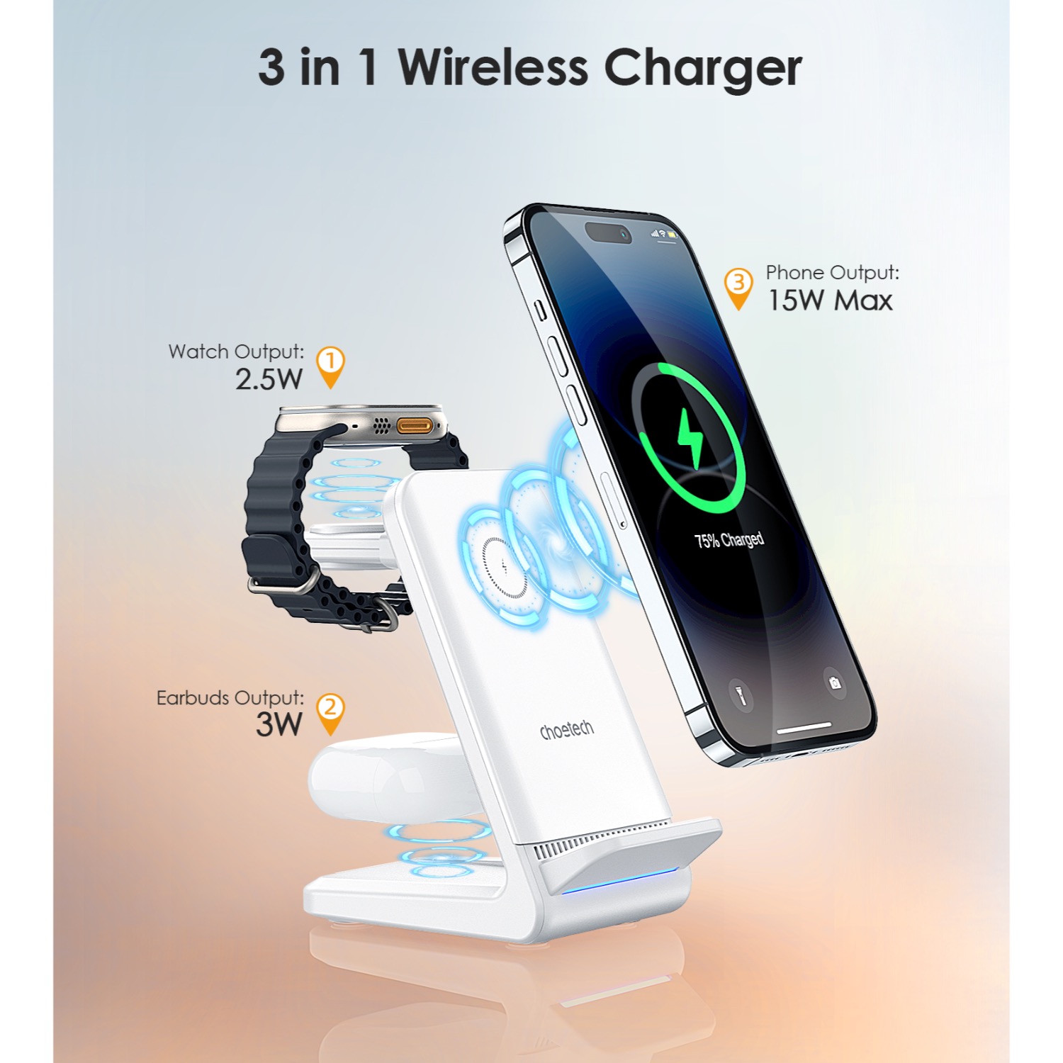 Choetech Fast Wireless 4 In 1 Magnetic Charging Stand T608-F 15W - White - Image 4